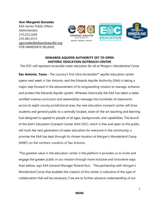 Edwards Aquifer Authority Set to Open Historic Education Outreach Center-4-13-22
