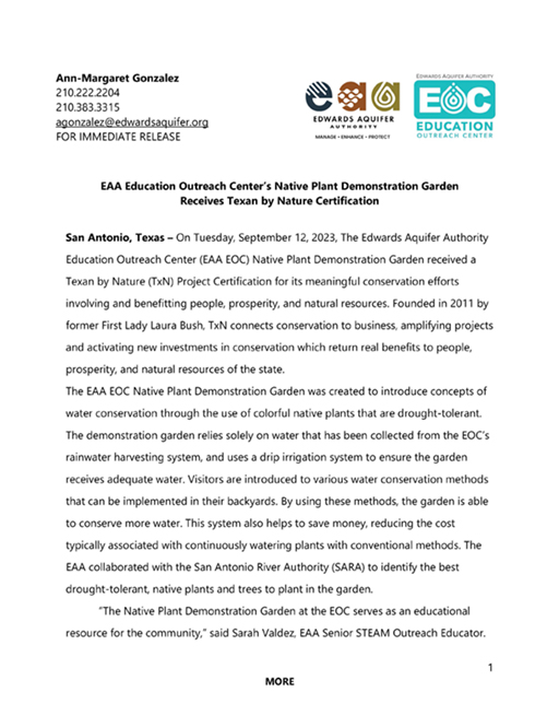 EAA EOC Receives Texan By Nature Project Certification
